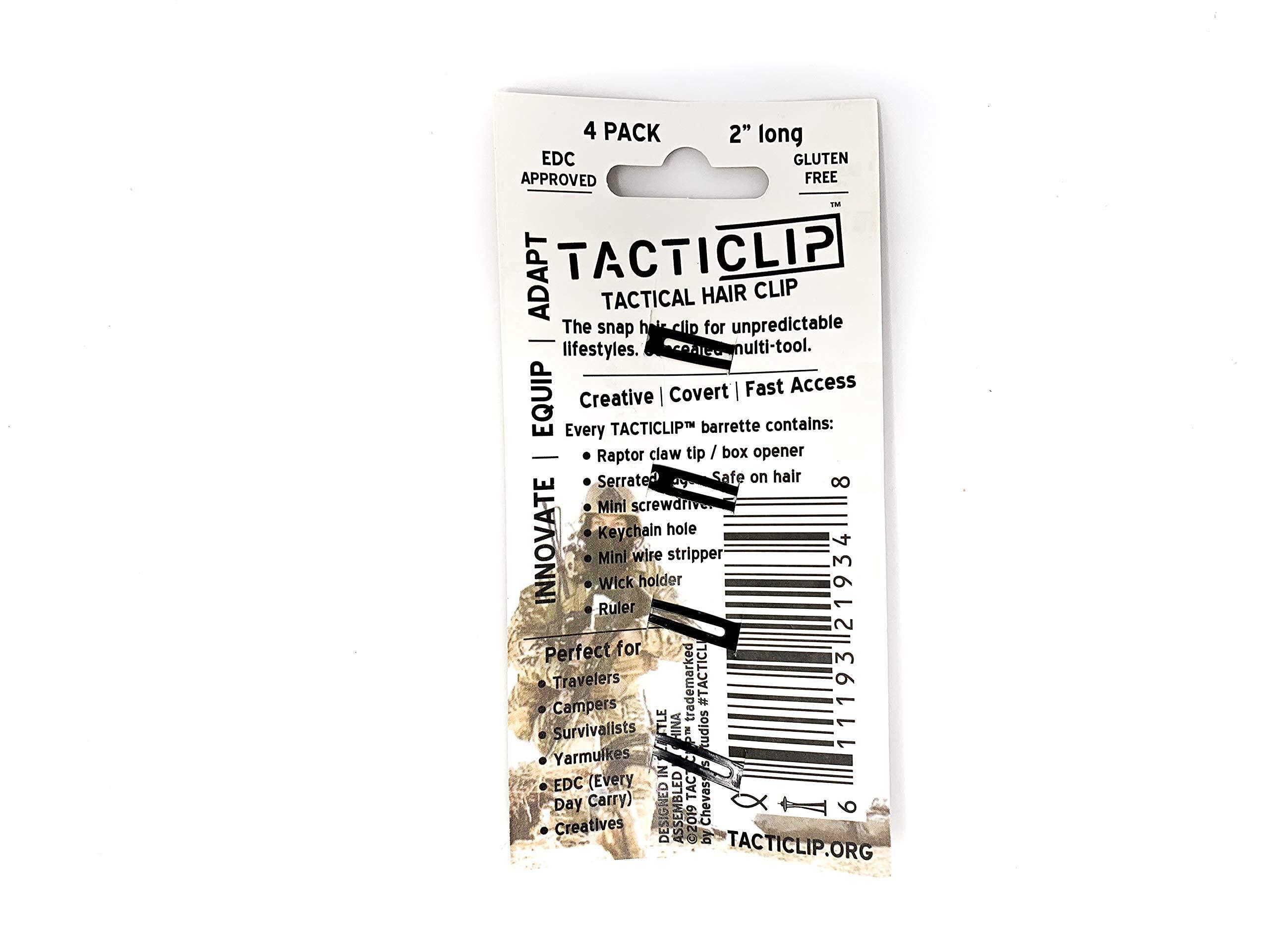 Tacticlip Tactical Hair Clips, 4 Pack - Black - Multitool Snap Barrettes - Laser Engraved, Vacuum Plated, Multi-Functional Keychain Multi Tool - Box Cutter, Serrated Edge, Raptor Claw