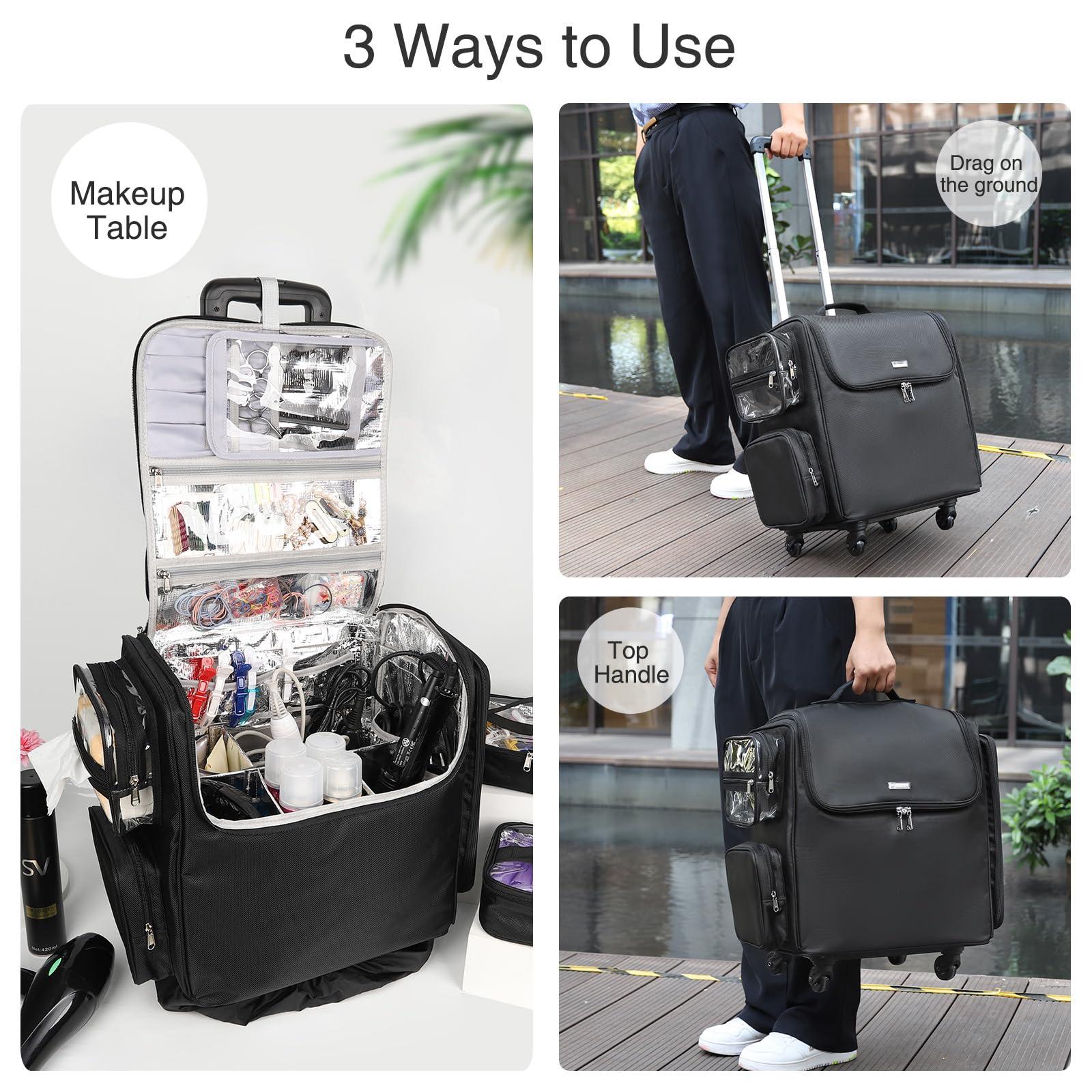 Relavel Relavel Rolling Makeup Case Cosmetology Case on Wheels Hair Stylist/Hairdresser Travelling BarberBag with Four 360 Degree Spinner Wheels, Heat Insulation Lining and Adjustable Dividers