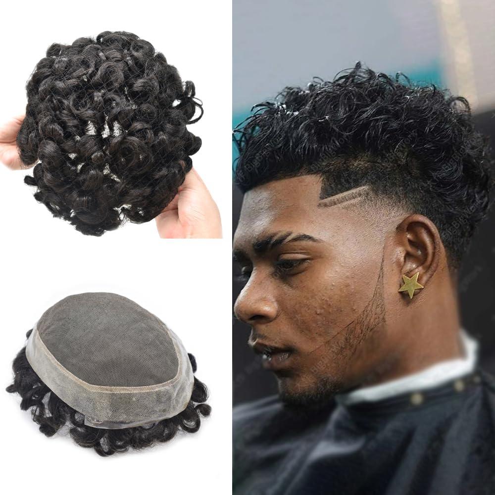 F M FACE MIRACLE NEW YORK Curly Toupee for Men 20mm 25mm Wave Mens Hair Replacement Systems With Fine Mono with Poly Skin Around Base Curly Mens Hair System Curly Hair Units for Men8"x10"1# JET BLACK-25MM WAVE