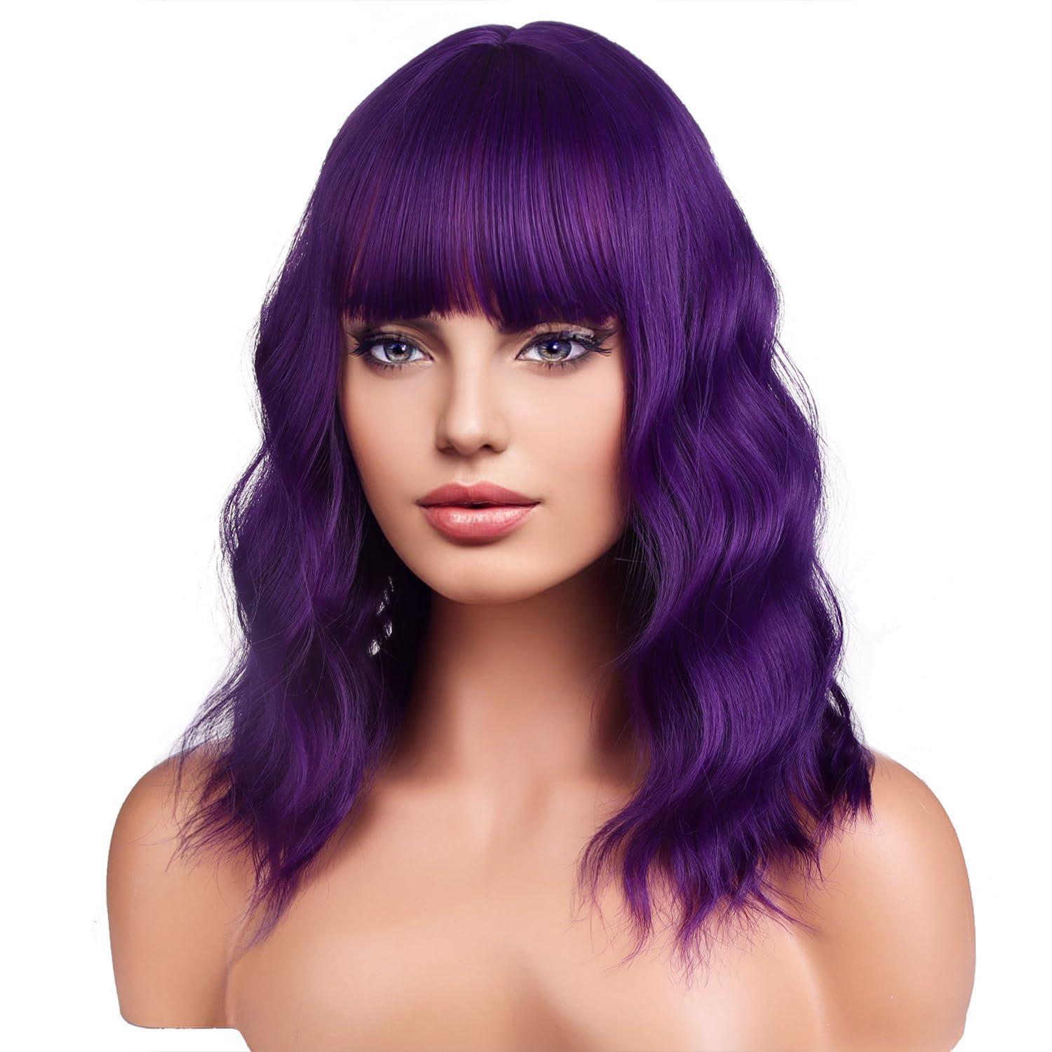 BERON BERON 14 Inches Purple Wig for Women Girls Short Curly Wig Dark Purple Wig Synthetic Wig Purple Wig with Bangs Wig Cap Include