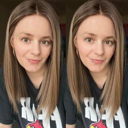 oulaer Straight Wig Human Hair Lace Front Wig HD Rooted Brunette Blonde Highlights Ombre Human Hair Wig 13X6 Lace Front Wig #4/27 Color Wig Pre Plucked for Women Natural Hairline Wig 150% Density 14Inch