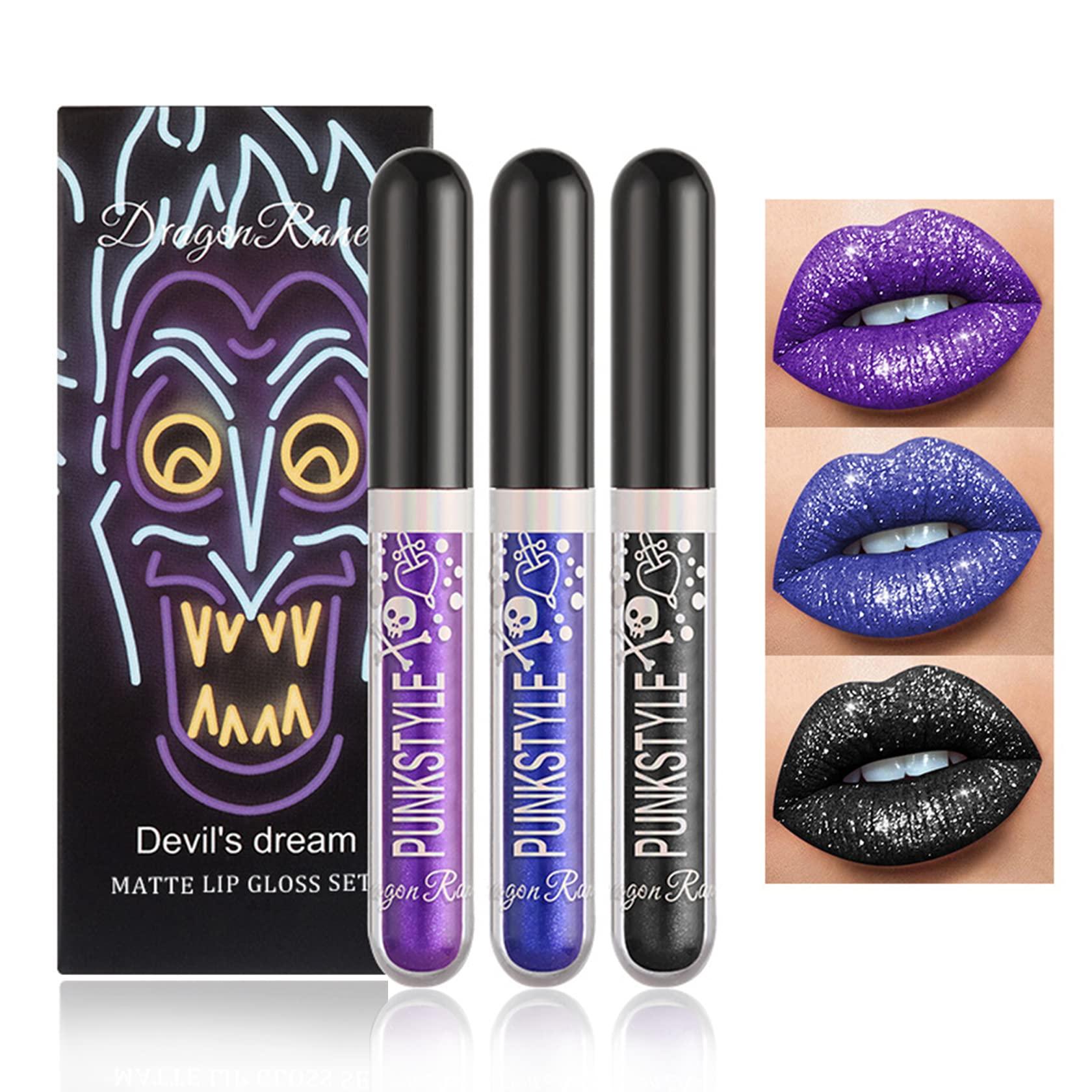 NVLEPTAP 3PCS Black Blue Purple Liquid Glitter Lipstick Glitter Lip Gloss Set,Diamond Shimmer Matte Lipstick Set Long Lasting High Pigment Glitter Lip Stick Kit Lip Gloss Set Halloween Makeup Gift - Set D