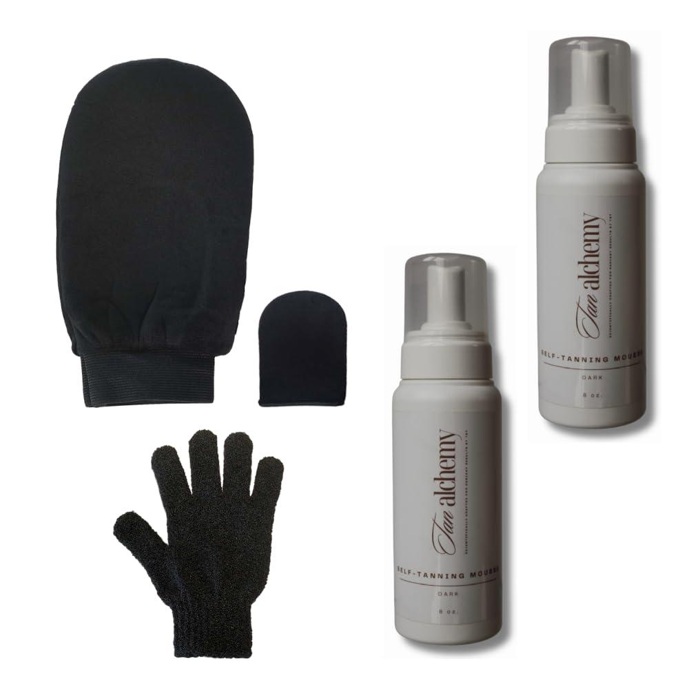 Tampa Bay Tan Tampa Bay Tan Sunless Tanning Mousse, Two Count, Dark w Leakproof Applicater And Exfoliation Mitts Kit (black set)