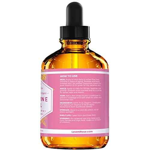 Leven Rose Vitamin E Oil by Leven Rose 75,000 IU per oz 100% Natural, Organic, Pure Vitamin E Oil for Skin, Face, Hair, Nails, and Scars, 4 oz