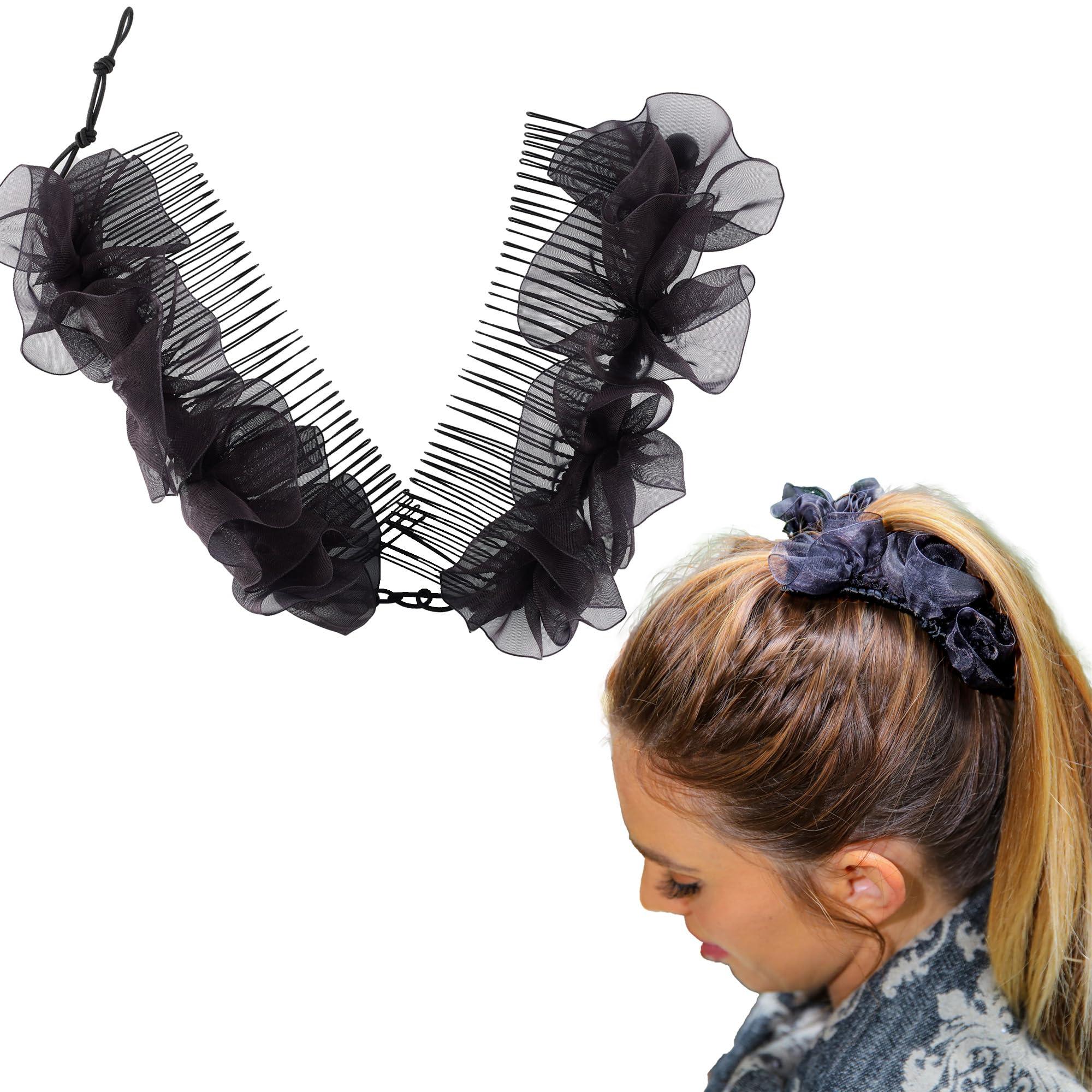 HairZing Stretch Banana Clip for Fine Thin, Thick Curly Hair Women, Elastic Double Combs Make Great Hair Accessories for Kinky, Curly Ponytail, Mohawk, Bun (Large, Black)