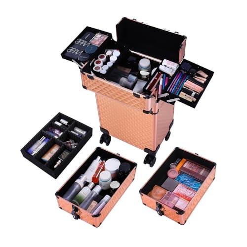 sheeroy sheeroy 4 in 1 Rolling Makeup Case, Cosmetic Train Case Trolley Traveling Make Up Cart with Key Swivel Wheels for Makeup Artist, Hairstylists, Nail Tech Stylist - Rose Gold