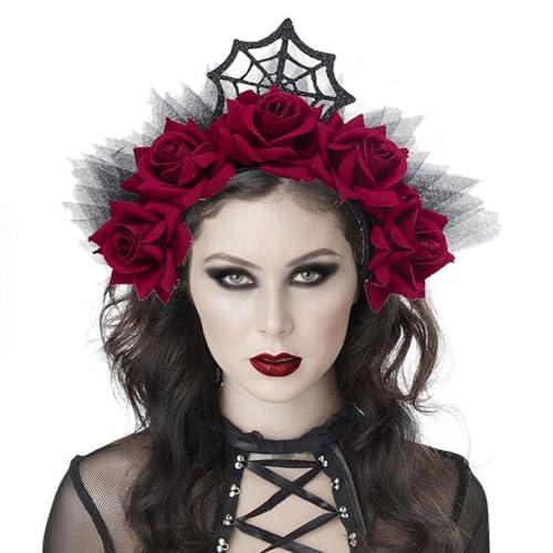Catery Catery Gothic Floral Headband Halloween Headbands Gothic Floral Headdress Veil Headband Vampire Rose Headpiece Cosplay Masquerade Hair Accessories for Women and Girls