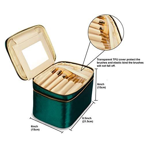 Eudora Eudora Double Layer Travel Makeup Bag, Green Nylon Satin Makeup Bag Organizer with Portable Mirror and Brushes holders, Large Cosmetics bag for Women (Green)