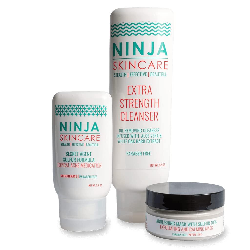 Ninja Skincare Extra Strength Oil Removing Cleanser with Sulfur Topical Acne Medication and 10% Sulfur Exfoliating Mask-Starter Kit with Combination Skin Benzoyl Peroxide Free Paraben Free