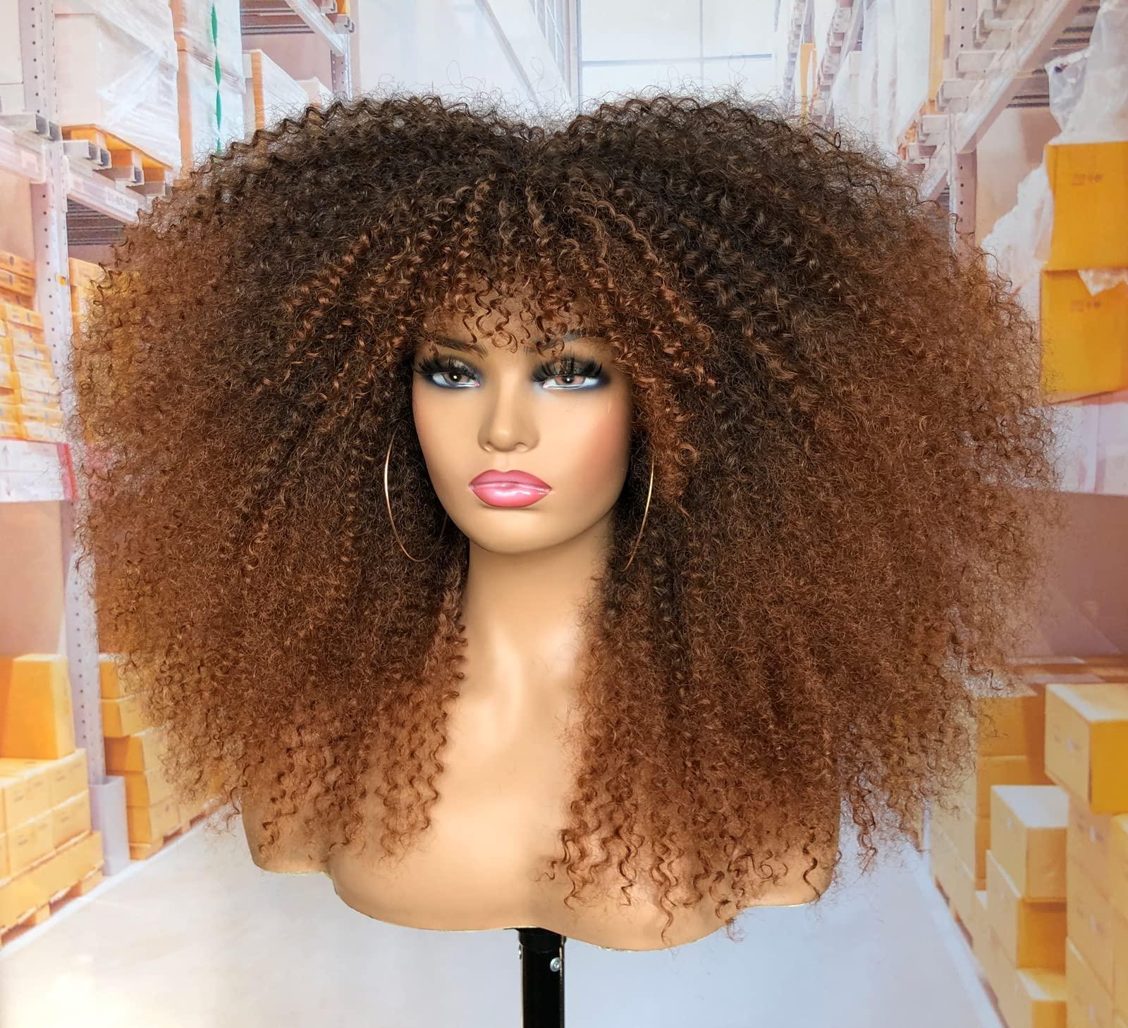 MURAMURA HAIR MURAMURA HAIR 18Inch Long Curly Wig With Bangs for Black Women Afro Bomb Kinky Curly Wig Fluffy and Soft Synthetic HairBlack to Brown