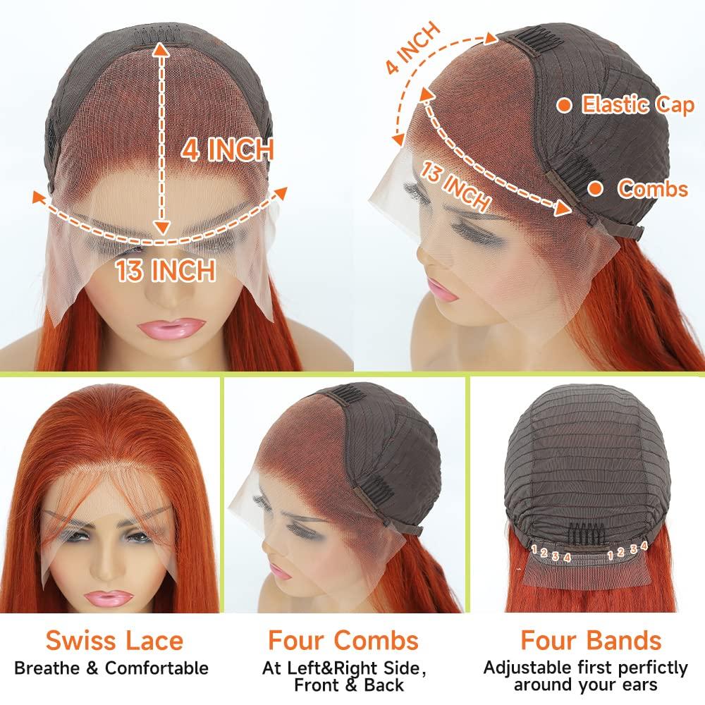 Hulimei Ginger Orange Lace Front Wigs Human Hair Pre Plucked Straight 13x4 HD Lace Frontal Human Hair Wigs Ginger Wig Lace Front Human Hair with Baby Hair 180% Density Ginger Human Hair Wig 22 Inch
