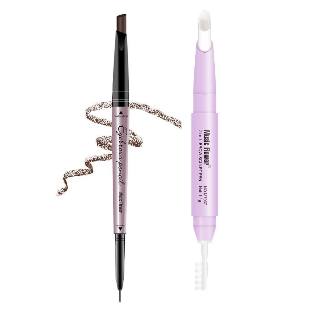 Music Flower Music Flower Eyebrow Pencil - Dark Brown Dual Ended Brow Pen & Eyebrow Wax Pen, Waterproof Smudge Proof Long Lasting Eyebrow Pen, Eyebrow Waxing Shaping Clear Eye Makeup Kit