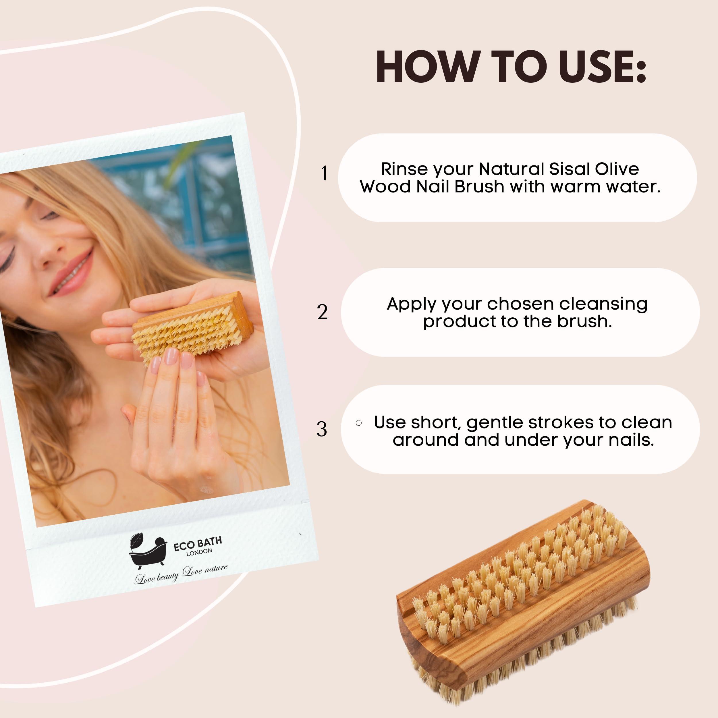 Eco Bath London Eco Bath London Natural Nail Brush - Eco-Friendly Double-Sided Nail Cleaning Brush with Firm and Soft Cactus Bristles for Manicure and Pedicure (Olive Wood (R))
