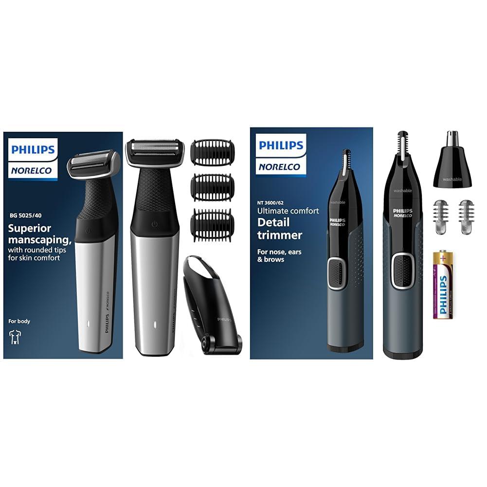 Philips Norelco Philips Norelco Bodygroom Series 5000 Showerproof Body & Manscaping Trimmer for Men with Back Attachment, BG5025/40 + Philips Norelco Nose Trimmer 3000, for Nose, Ears, Eyebrows, NT3600/62