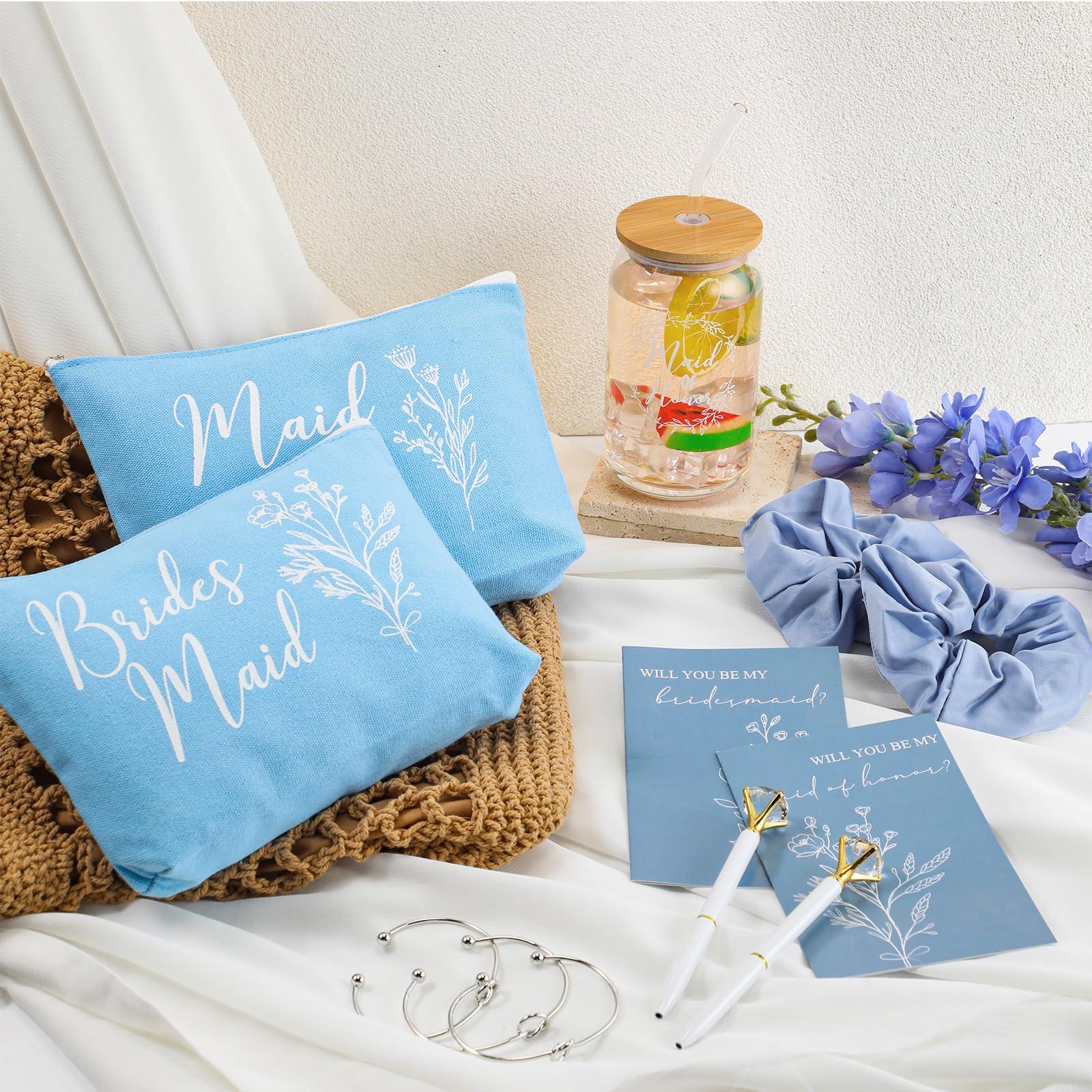 Irenare Irenare 36 Pcs Bridesmaid Proposal Gifts Bridal Shower Gifts 16 oz Glass Cup Cosmetic Makeup Bags Invited Cards Scrunchies Hair Knotted Bracelets Diamond Pens Favors for Wedding (Blue)