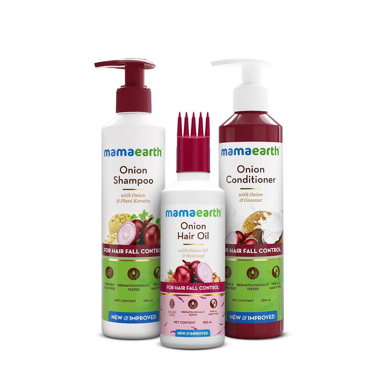 MAMAEARTH Mamaearth Onion Hair Care Kit - Hair Fall Control with 150ml Onion Oil & Shampoo + Conditioner (250ml Each) | Anti Hair Loss & Growth Formula | 3 Piece Set