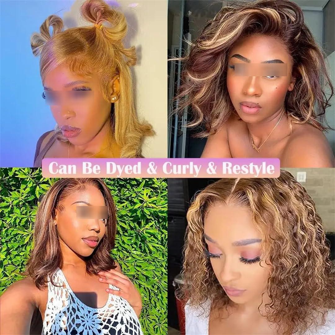 Wjnvfioo Short Curly Bob Wig 13X4 Lace Front Human Hair Wigs Pre Plucked Brown Short Deep Wave Wigs #4 10inches#150%