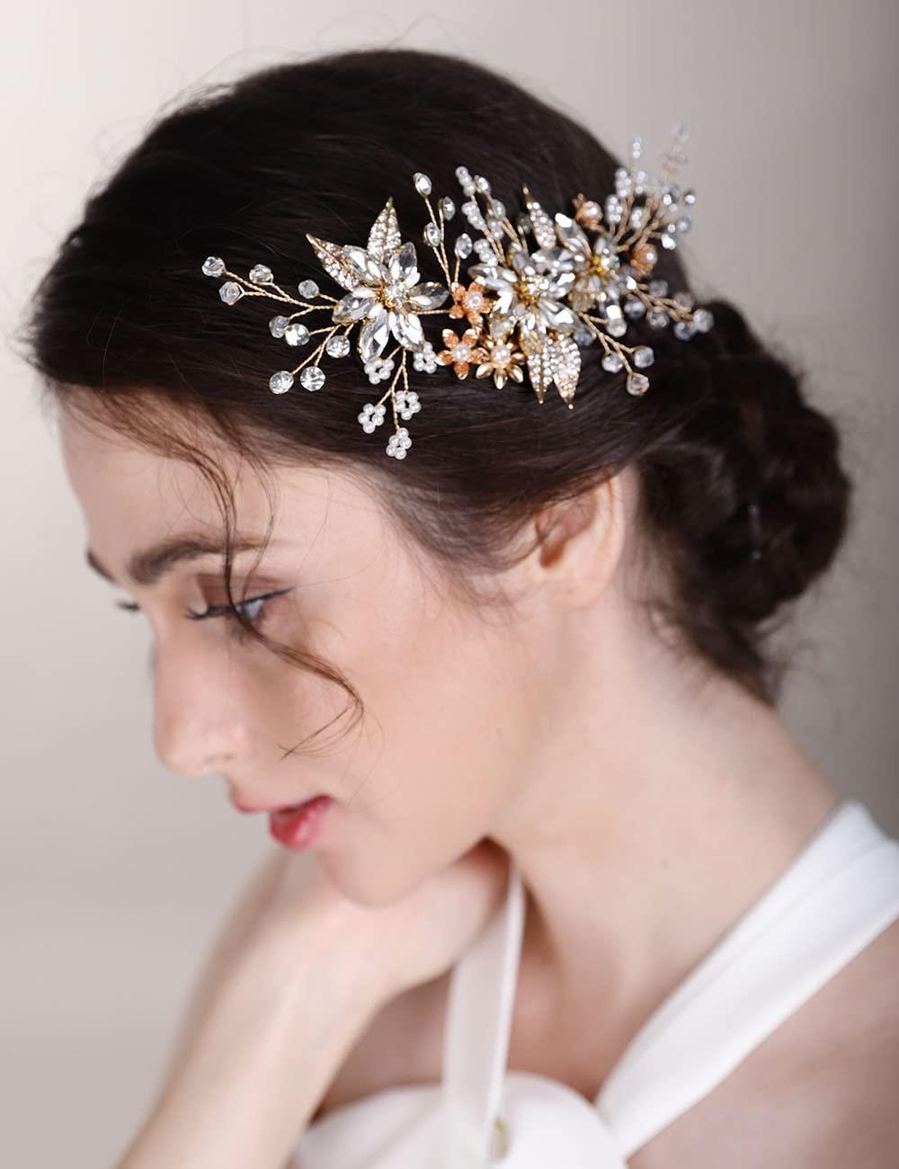 Chargances Chargances Wedding Crystal Flower Hair Comb for Women Bridal Pearl Beaded Hair Side Comb Fashion Leaf Flower Hair Vine Comb Rhinesotne Headpieces Bride Wedding Prom Flower Girl Hair Accessories