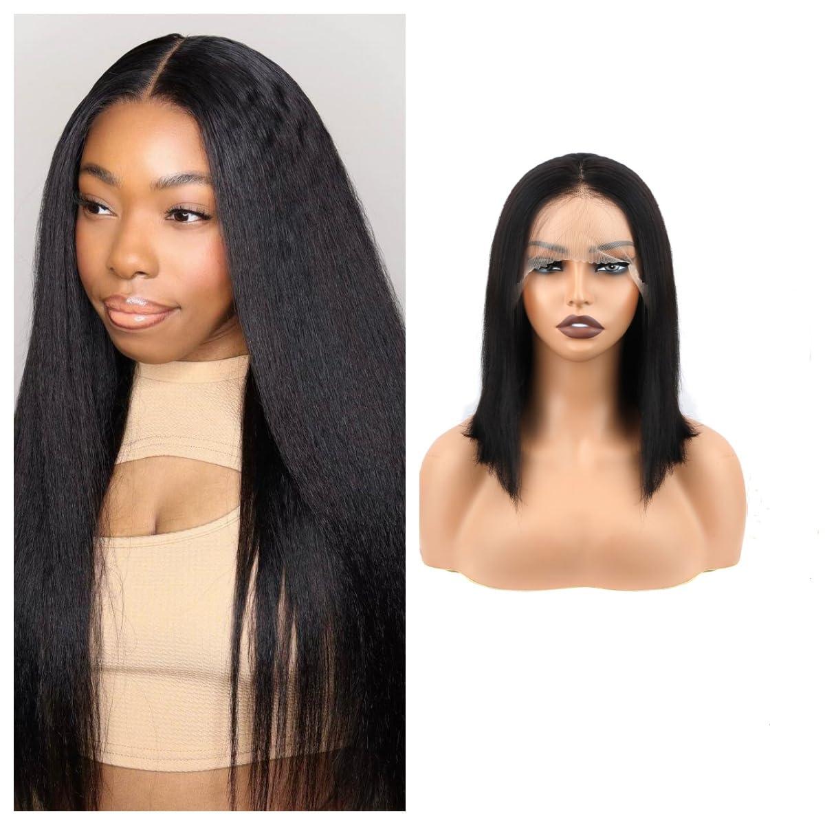 Kerriana 20 22 24 inch kinky straight bundles with 14 inch yaki straight 13x4 lace front bob wig