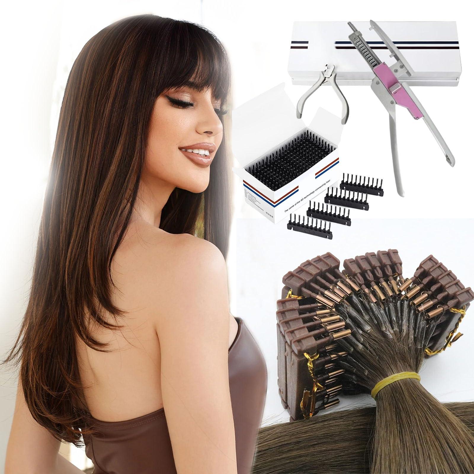 Generic 6d Hair Extensions Machine Kit 100% Human Hair, No-Trace Hair Extension/10-pin Invisible Seamless Hair Extension Fast Installation and Removal, Easy to Use - 1 Row 10 Bundles