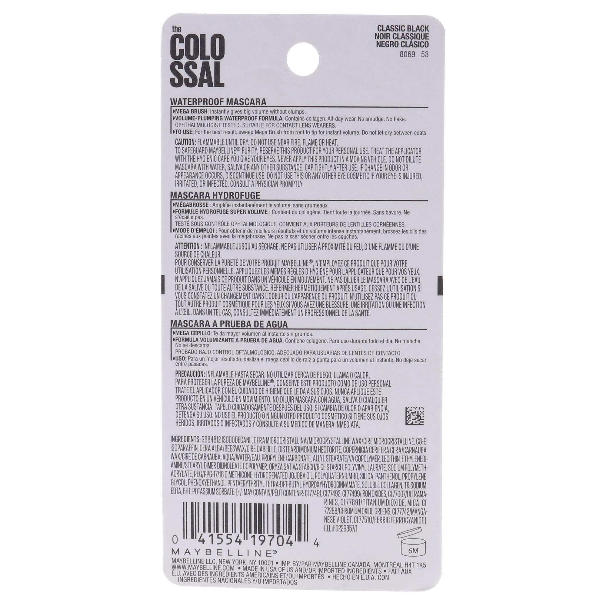 Maybelline New York Maybelline Volum\' Express The Colossal Waterproof Mascara, Volumizing, Thickening, Clump-Free Make Up Formula, Classic Black, 1 Count