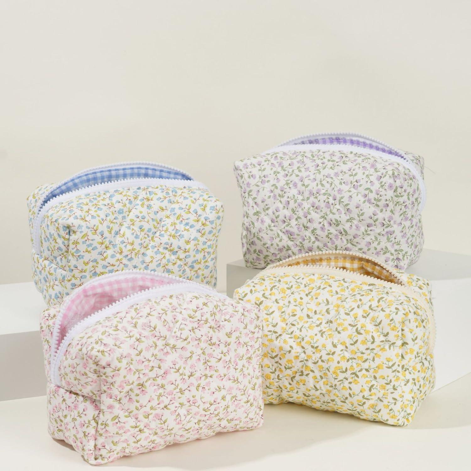 SoGhhd SoGhhd Small Quilted Cotton Makeup bag, Cute Floral Cosmetic bag, Cotton Aesthetic Makeup Pouch, Large Capacity Travel Toiletry Bag for Women and Girls (Pink)