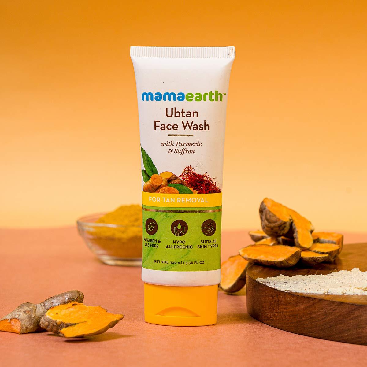 MAMAEARTH Mamaearth Ubtan De Tan Face Wash | Helps Reduce Tanning & Sun Damage | Gently Cleanses Dirt & Excess Oil | Enriched with Turmeric & Saffron | 3.38 Fl Oz (100ml)