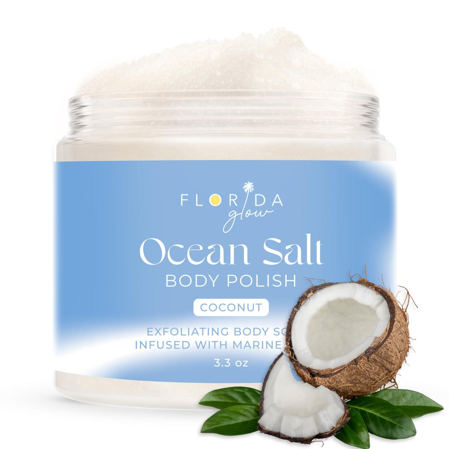 Florida Salt Scrubs Sea Salt Body Scrub by Florida Suncare - Ocean Salt Body Polish Infused with Marine Algae - Exfoliating Face and Body Scrub - Facial Scrub Exfoliator to Tackle Acne (Coconut, 3.3 oz)