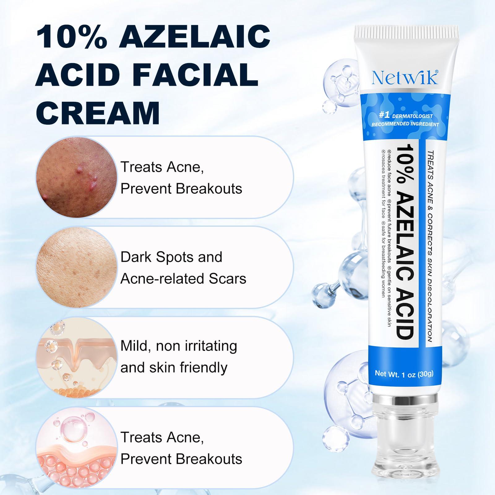 Netwik 10% Azelaic Acid Cream for Face - Acne Cream for Rosacea Reducing Relief Pimple Breakouts Blackhead Pigmentation and Redness - Azelaic Acid Gel For Facial and Skin Care