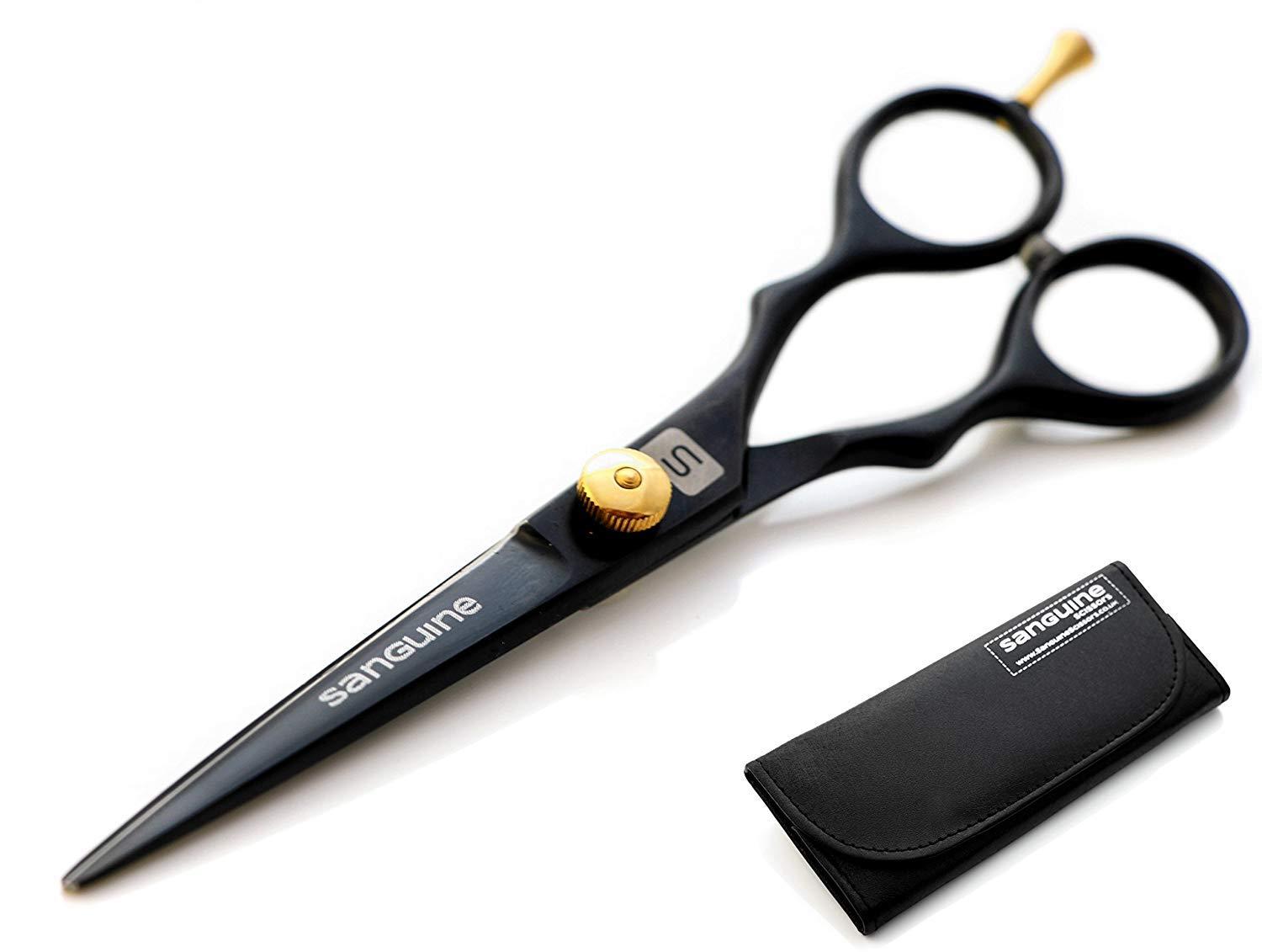 Sanguine Professional Barber Shears 7 inch, Hairdressing Scissors, Long Scissors, Black + Presentation Case & Tip Protector