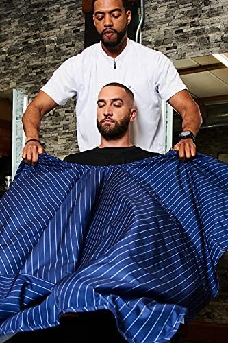 Barber Strong Barber Strong The Barber Cape Haircut Cover for Men, Hair Repelling and Static-Reducing Material, Flexible Elastic Neckband, Water Resistant Fabric, Oversized for Complete Coverage - Blue/White Stripe