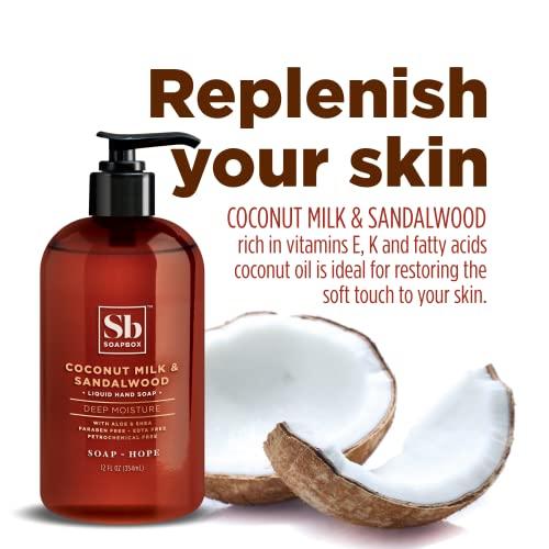 Soapbox Soapbox Liquid Hand Soap, Coconut Milk & Sandalwood, Gentle & Moisturizing Hand Wash for Kitchen and Bathroom, Vegan & Cruelty Free Scented Hand Soap 12 Ounce Pump Bottles (Pack of 3)