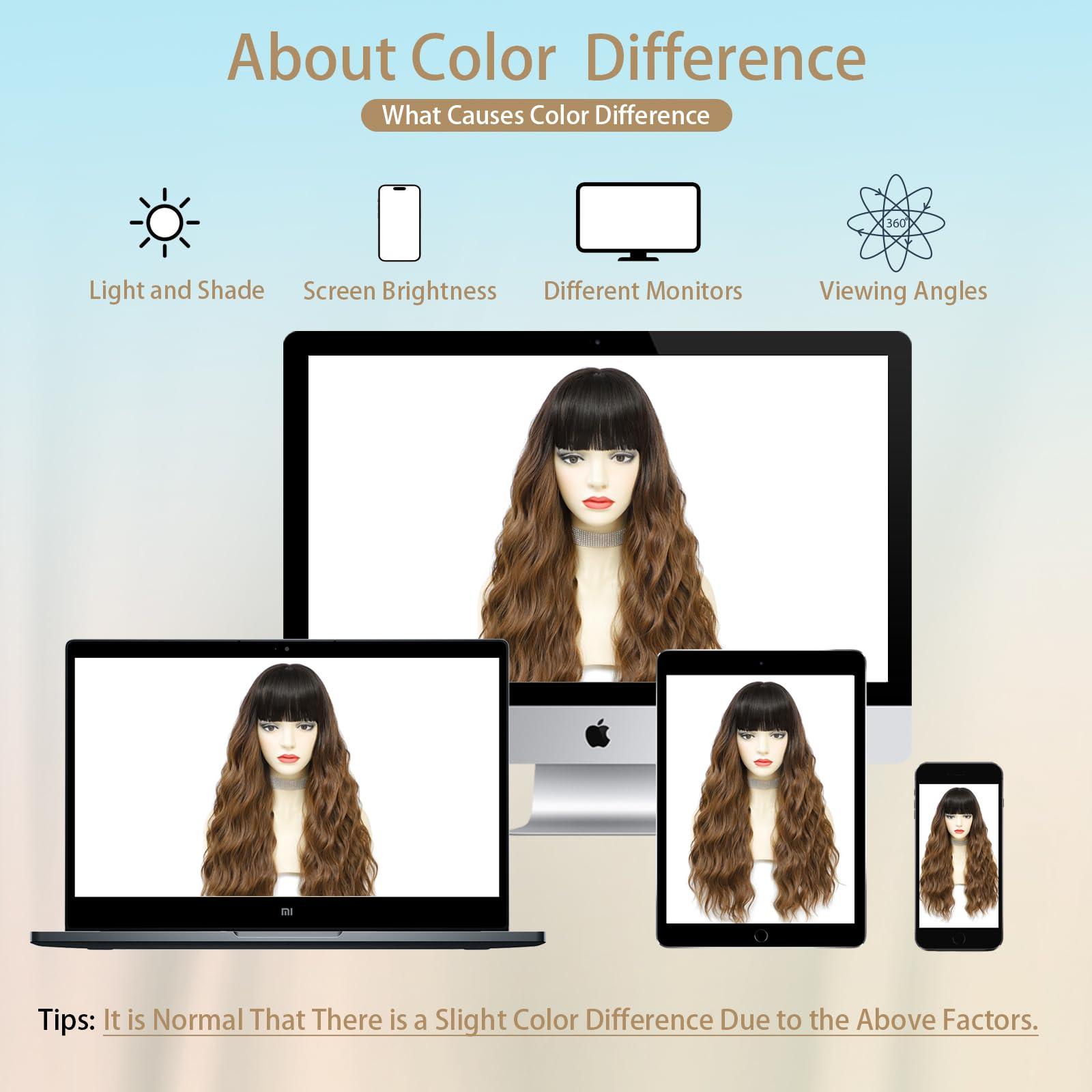 VERNA VERNA Ombre Brown Wig with Bangs, 26 Inch Long Brown Wigs for Women, Natural Looking Brown Curly Wavy Wig, Heat Resistant Brown Hair wig, Middle Part Synthetic Wig for Daily Party Use(Ombre Brown)