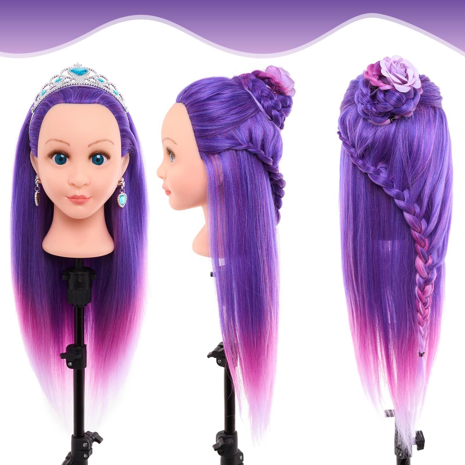 BettySmile 24Inch Doll Head for Hair Styling,Doll Mannequin Head with Hair Purple,Doll Styling Head For Braiding with Hair Styling Set,Table Clamp