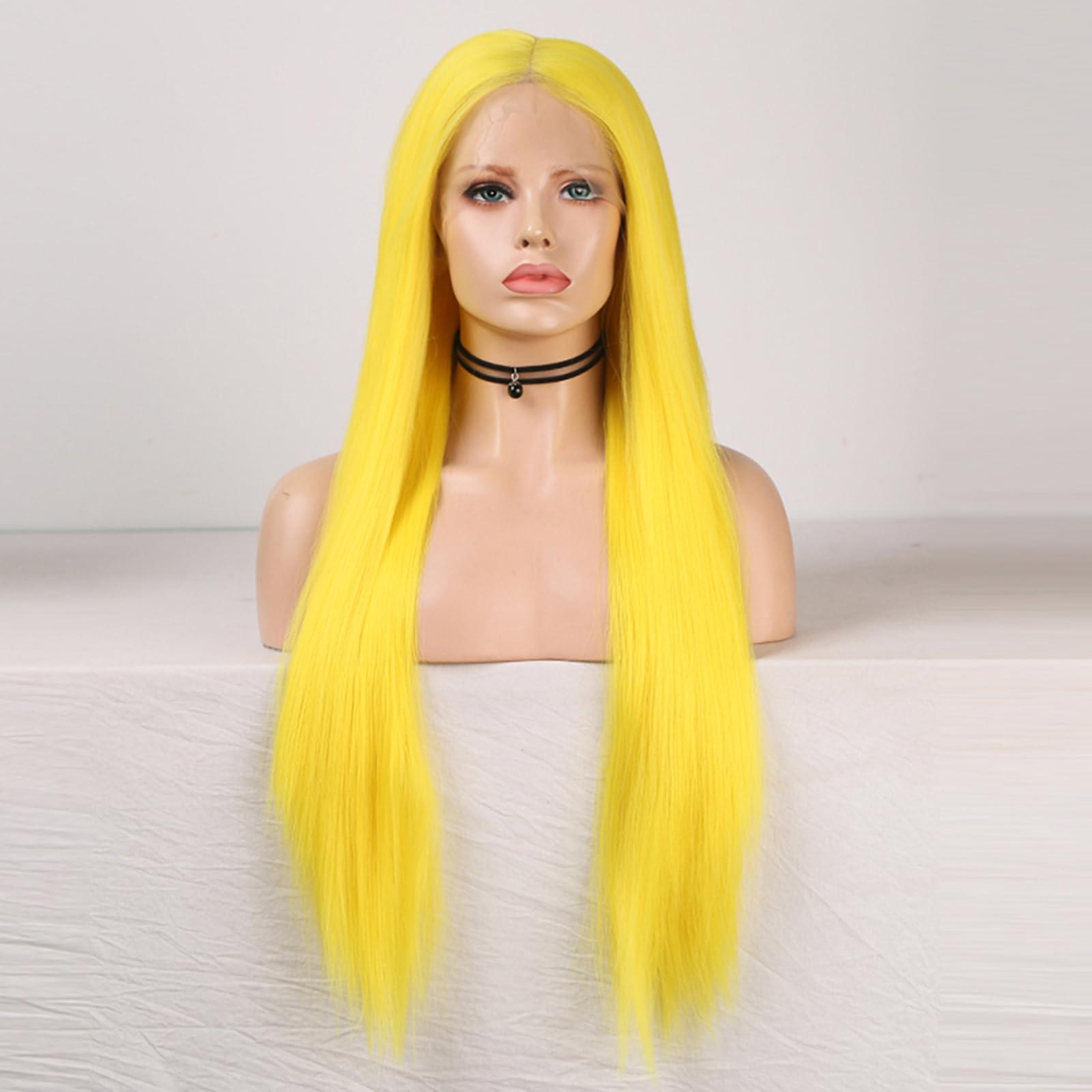 Imeya Imeya Fluorescent Yellow Wig 13x6 Lace Frontal Wigs for Women Synthetic Lace Front Wig Natural Hairline Neon Yellow Long Silky Straight Lime Yellow Hair Replacement Wigs for Daily Party Cosplay
