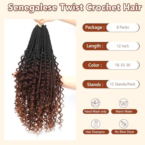 FIRSTCYH HAIR Senegalese Twist Crochet Hair with Curly Ends - 12 Inch Boho Island Twist Crochet Hair 8 Packs Boho Goddess Twist Crochet Hair Pre Looped Crochet Twists with Curly Ends(12(8Packs), 1B/33/30)