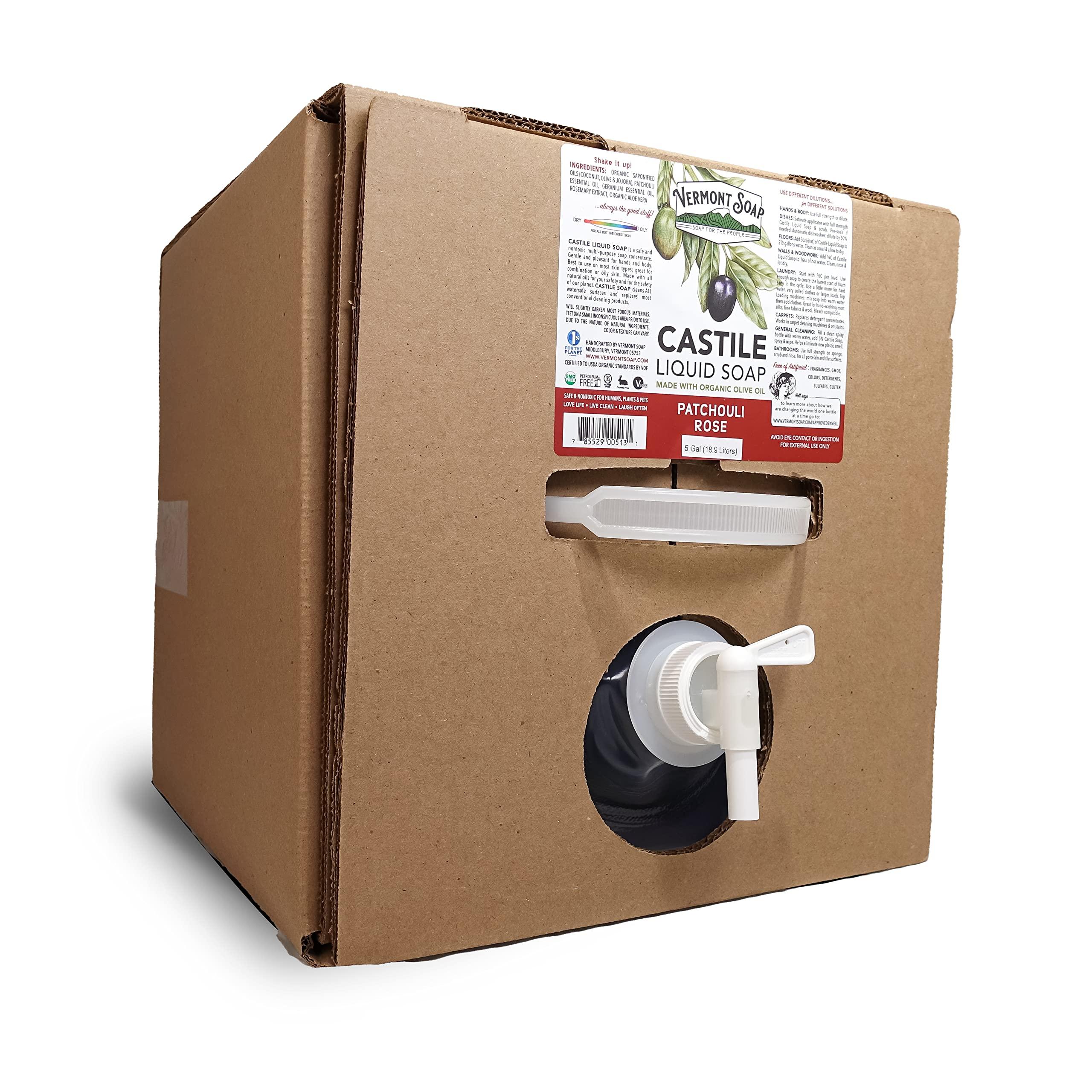 VERMONT SOAP Vermont Castile Soap Patchouli Rose, Gentle Liquid Soap for Sensitive Skin & Natural Body Wash, Organic Hair Shampoo for Oily Hair, Aloe Castile Soap for Men & Women - 5 Gallon