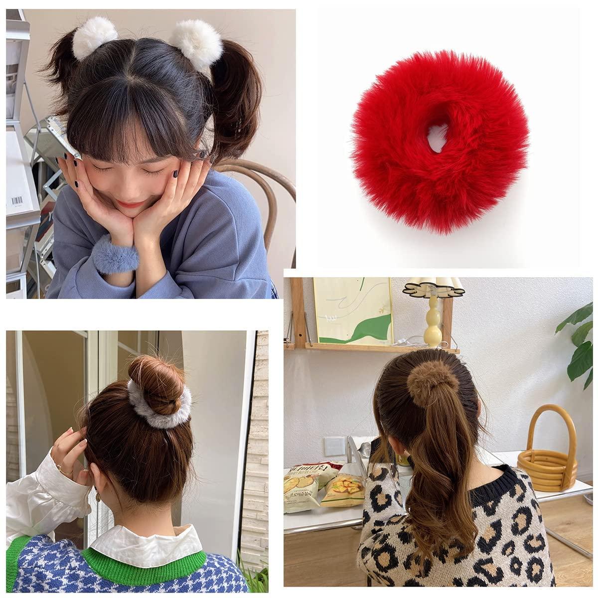 LOPURO Faux Fur Hair Scrunchies, Pom Pom Hair Tie Furry Hair Bands with Faux Rabbit Fur Fluffy Elastic Hair Bobbles Ponytail Holders Women Hair Accessories