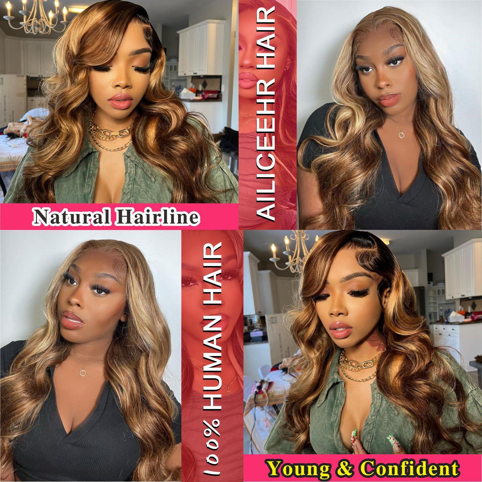 AILICEEHR AILICEEHR 30 Inch Highlight Ombre 5x5 Lace Closure Wigs Human Hair Body Wave P4/27 Honey Blonde Glueless Wigs Human Hair Pre Plucked HD Lace Front Balayage Colored Wigs Human Hair 180% Density