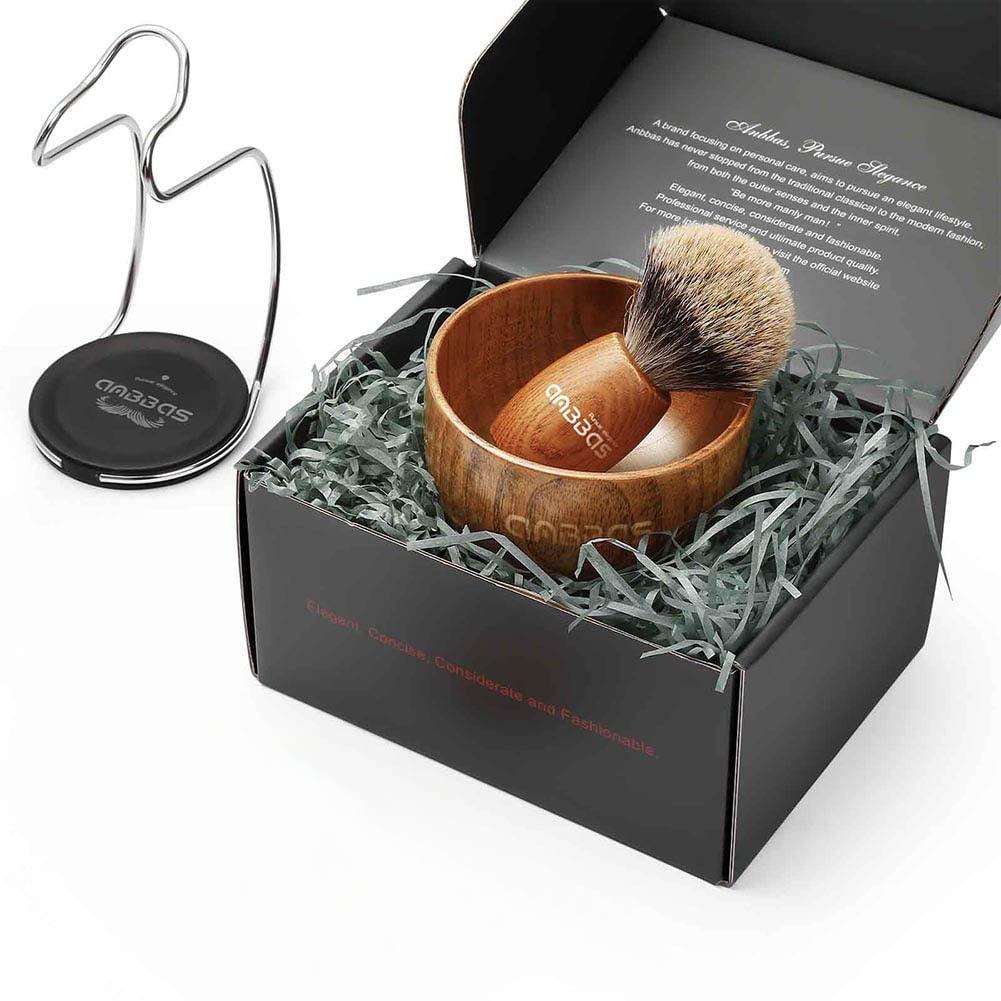 Anbbas Anbbas Shaving Set, Pure Badger Hair Shaving Brush Wood Handle and Large Soap Bowl with Stainless Steel Shaving Stand 3IN1 Kit for Men