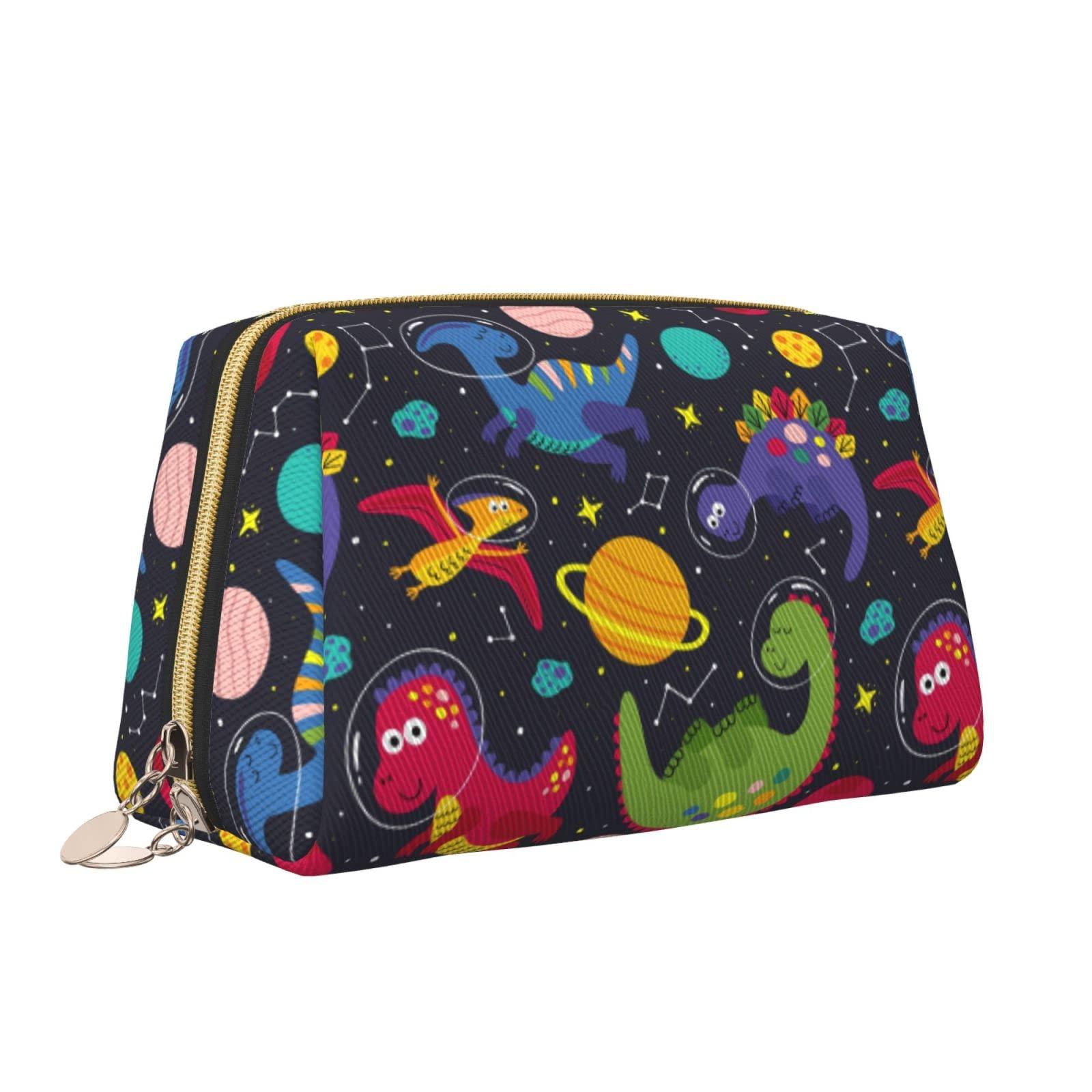 Generic Preppy Makeup Bag for Purse, PU Leather Cute Space Dinosaur Planets Black Makeup Zipper Pouch, Travel Cosmetic Zipper Pouch Makeup Stuff Bag for Women Teen Girl Friends Birthday