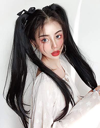 LesafeV LesafeV 2pcs Ponytail Wig Tie up-Long Straight Hair Extension Cosplay Twin-tail Cute Pony Tail Pig Tails Hairstyle 18" Black Brown