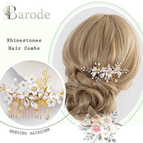 Barode Barode Bridal Wedding Hair Comb Flower Silver Sparkly Rhinestone Side Combs Crystal Bride Leaf Pearl Hair Accessories for Women and Girls (Gold)