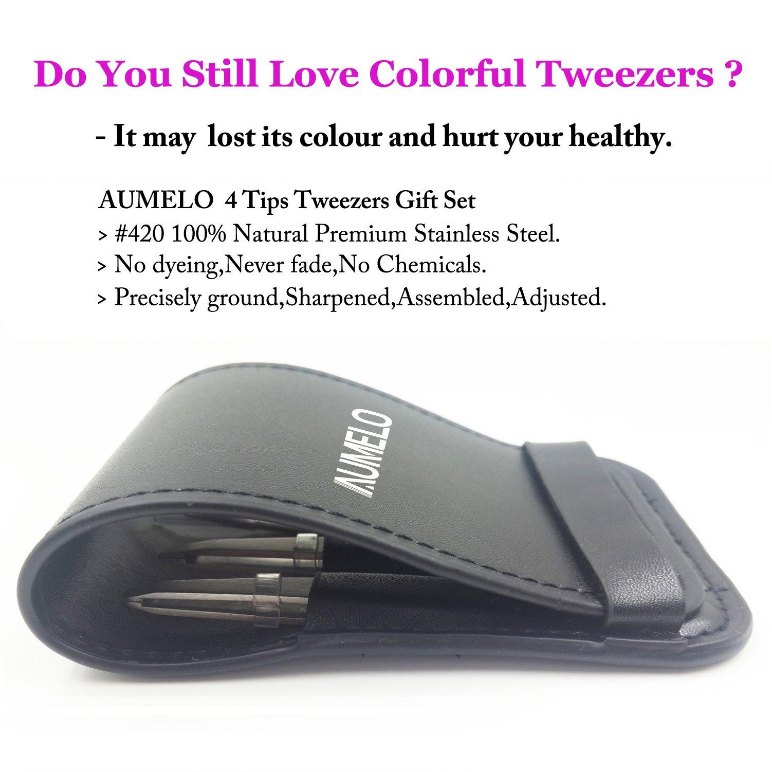 AUMELO Tweezers Set 4-Piece Professional Stainless Steel Tweezers Gift with Travel Case by Aumelo - Best Precision Eyebrow and Splinter Ingrown Hair Removal Tweezer Tip,No Colored & Chemical Free