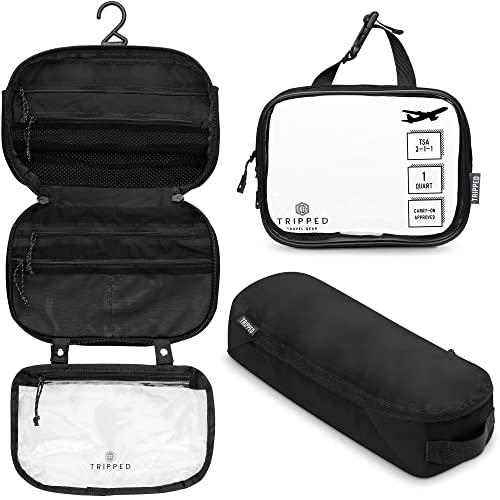 TRIPPED Travel Gear Toiletry Bag Kit Set: Hanging Travel Toiletry Bag + 311 TSA Cosmetic Liquid Bag + Ultralight Accessory Organizer Pouch (Black Ripstop)