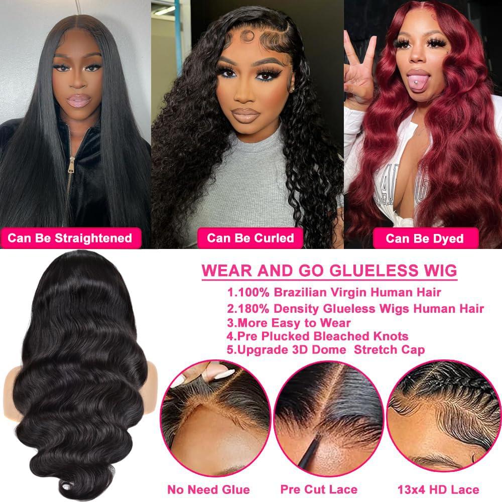 Wlily Wear and Go Glueless Wigs Human Hair Pre Plucked Pre Cut 13x4 Body Wave HD Lace Front Wigs Human Hair 180 Density Lace Frontal Wigs Ready to Wear Glueless Wigs Human Hair Natural Black 28 Inch