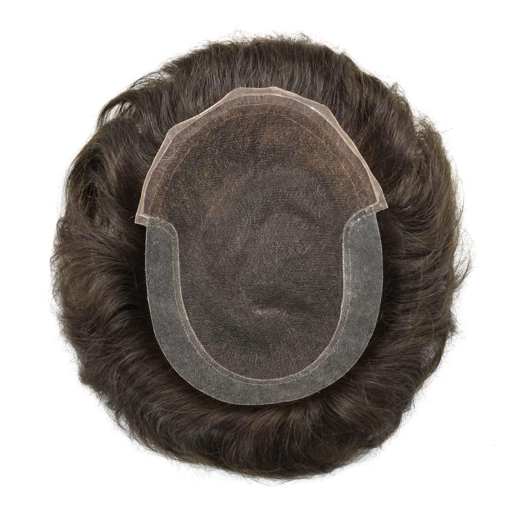 N\\P NP Toupee For Men Human Hair Replacement System For Men Toupee Grey Hair French Lace Hair Piece For Men Black Blonde Men Hairpiece For Thinning Hair 8\'\' x 10\'\' #3 Dark Brown 90% Density
