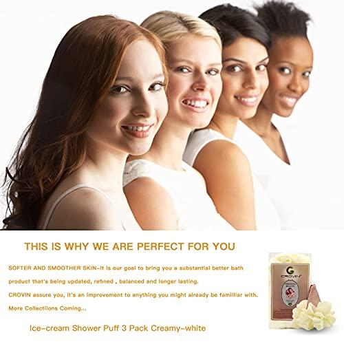 CROVIN CROVIN Ice Cream Bath Sponge Pouf (Set of 3)-Creamy White Soft Mesh Puff Exfoliating Shower Sponge Ball Body Scrubber For Adults, Children