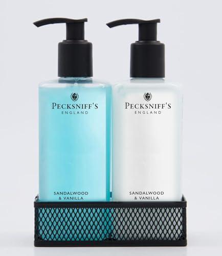 Pecksniff\'s Pecksniffs Kitchen Soap Dispenser Set, Moisturizing Liquid Hand Soap Lotion Set for Kitchen Sink Bathroom Countertop with Black Metal Mesh Caddy, 10.14 Fl oz (Sandalwood and Vanilla)