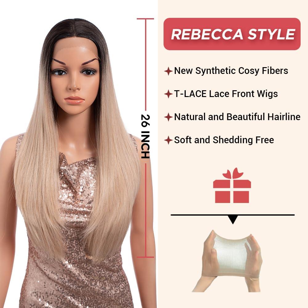 REBECCA STYLE REBECCA STYLE Long Straight Blonde Wigs for Women 26 Inch Synthetic Lace Front Wig for Black Women Heat Resistant Long Hair Wigs Natural Looking